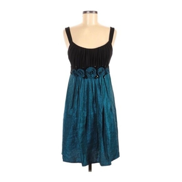 Muse Teal Black Beaded Rosette Cocktail Dress 8 - Picture 1 of 5